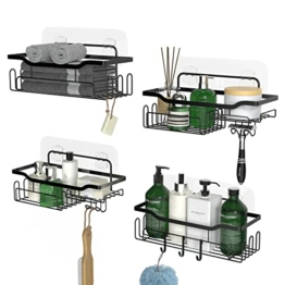 4 Stück Duschablage Ohne Bohren Duschregal mit 16 Haken, Duschregal Ohne Bohren Schwarz Edelstahl für Badezimmer und Küche, Badezimmer Organizer Seifenschale Rasiererhalter Shampoo Halterung - 1