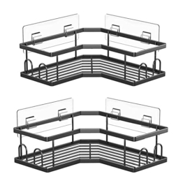 DBDEIW Duschablage,2 Stück Ecke Duschregal Ohne Bohren,SUS304 Duschregal Edelstahl für Badezimmerwanne, Eckdusche Caddy mit 8 Haken und 4 Kleber (Schwarz) - 1