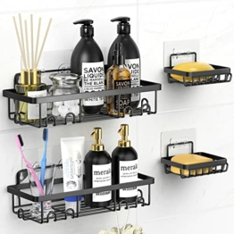 Duschablage Ohne Bohren, Duschregal mit 6 Haken Und Seifenschale, Badezimmer Regal Badregal, Rostfrei Duschkorb für Badezimmer und Küche - 4 Stück - 1
