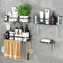 Duschkorb mit Haken, kein Bohren Duschablage Duschablage Seifenschale Zahnbürstenhalter, selbstklebender Dusch-Organizer rostfreier Edelstahl Shampoo-Halter für Badezimmer, 4 Stück, schwarz - 1