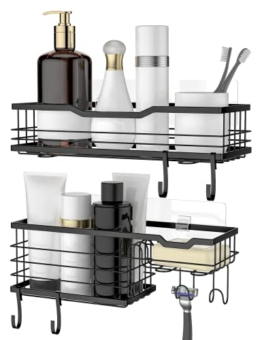 【 2 Pcs 】 HBselect Duschablage ohne Bohren 6 Haken Duschregal Duschkorb Badezimmer Regal Shower Caddy Badezimmer Halterung Schwarz für Badezimmer Küche - 1