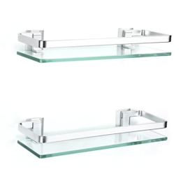 ENCOFT Glas Badregal, Duschablage Glas 2 Pack, Badezimmer Wandregal, Duschregal aus Aluminium Rostfrei Glasablage für Bad mit 8mm dick Gehärtetes Glas(35*12*7cm x 2, Silber) - 1
