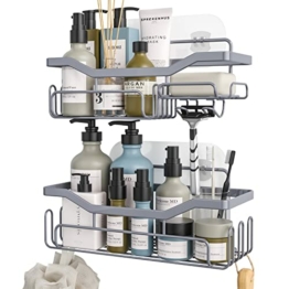 HapiRm Duschablage,Duschregal Ohne Bohren für Badezimmer und Küche,Duschkorb mit 11 Haken Seifenschale Rasiererhalter Shampoo Halterung für Dusche,Badezimmer Organizer SUS304, 3 Aufkleber - 1