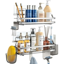 KROCEO Duschablage Ohne Bohren Silber Duschregal Edelstahl 2 Stück Selbstklebend Duschkörbe Shampoohalter Badezimmer Halterung mit 10 Haken - 1