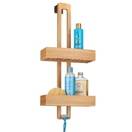 mDesign Duschablage zum Hängen – praktisches Duschregal ohne Bohren zu montieren – Duschkörbe zum Hängen aus Metall und Holz für sämtliches Duschzubehör – bambusfarben - 1