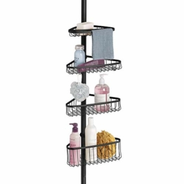 mDesign Duschregal ohne Bohren aus Metall – praktischer Shower Caddy für die Ecke – ausziehbare Duschablage für Shampoo, Conditioner etc. – mit Handtuchstange – mattschwarz - 1