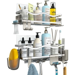 OETAMS Duschablage Ohne Bohren 2 Stück Badezimmer Regal Selbstklebend Duschregal Edelstahl Dusche Aufbewahrung Wand Duschkörbe Ablagen Shampoo Halterung Badregal mit 10 Haken Silber - 1