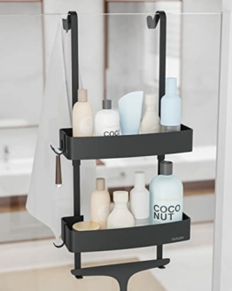 QUALISH® Duschablage zum Hängen - Besonders einfache Montage ohne Bohren - Duschregal zum Hängen an die Duschwand - inkl. Glasschutz und zusätzliche Haken - Schwarz - 1