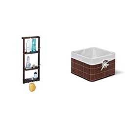 Relaxdays Bad Hängeregal, 3 Ablagen, Badregal aus Bambus, zum Aufhängen, Hakenleiste, HBT 70 x 28,5 x 10 cm, Dunkelbraun & Aufbewahrungskorb, Stoffbezug, Bambus, rechteckig,HxBxT: 20x31x31 cm, braun - 1