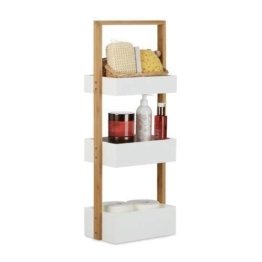 Relaxdays Badregal Bambus, Badezimmerregal mit 3 Körben, Korbregal fürs Bad, MDF, HxBxT: 76 x 30 x 18,5 cm, weiß/natur - 1