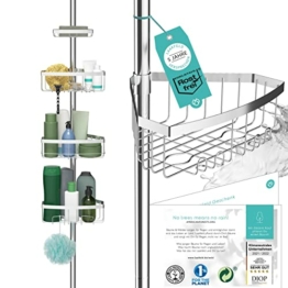 Teleskop Duschregal Edelstahl rostfrei (optimierte Version 2.0) - Stabiles & Flexibles 105-270cm Duschregal Teleskop ohne Bohren - Teleskopregal Bad mit 4 Körben - Klemmregal Dusche und Badewanne - 1