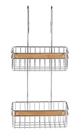 WENKO Badregal Zerbo 2 Etagen, Befestigung ohne Bohren, dekorative Duschablage für Duschgel, Shampoo & Co., praktischer Hängekorb fürs Badezimmer aus rostfreiem Edelstahl & Bambus, 20 x 55,5 x 25,5 cm - 1